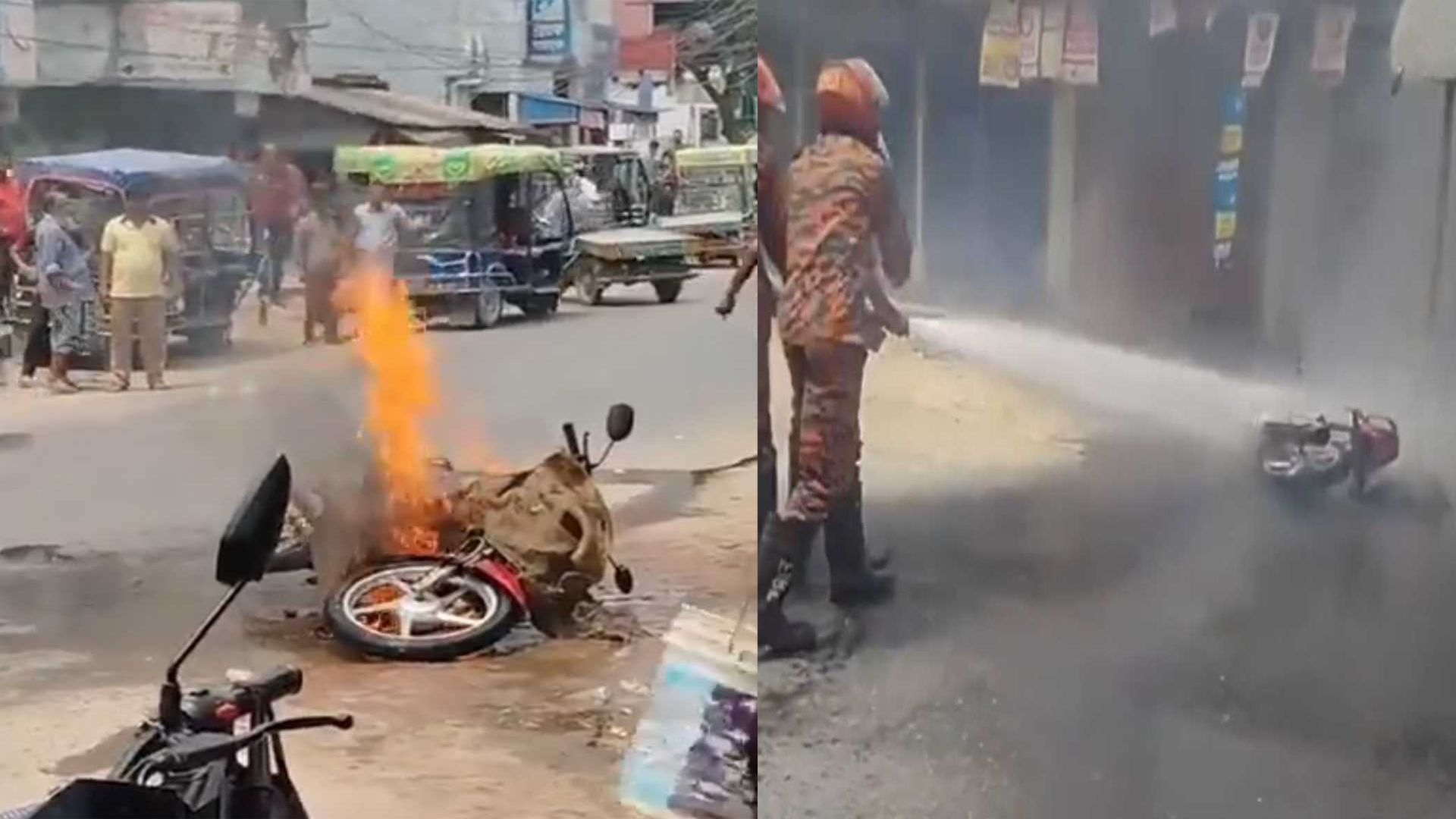চলন্ত মোটরসাইকেলে আগুন, নেভালো ফায়ার সার্ভিস
