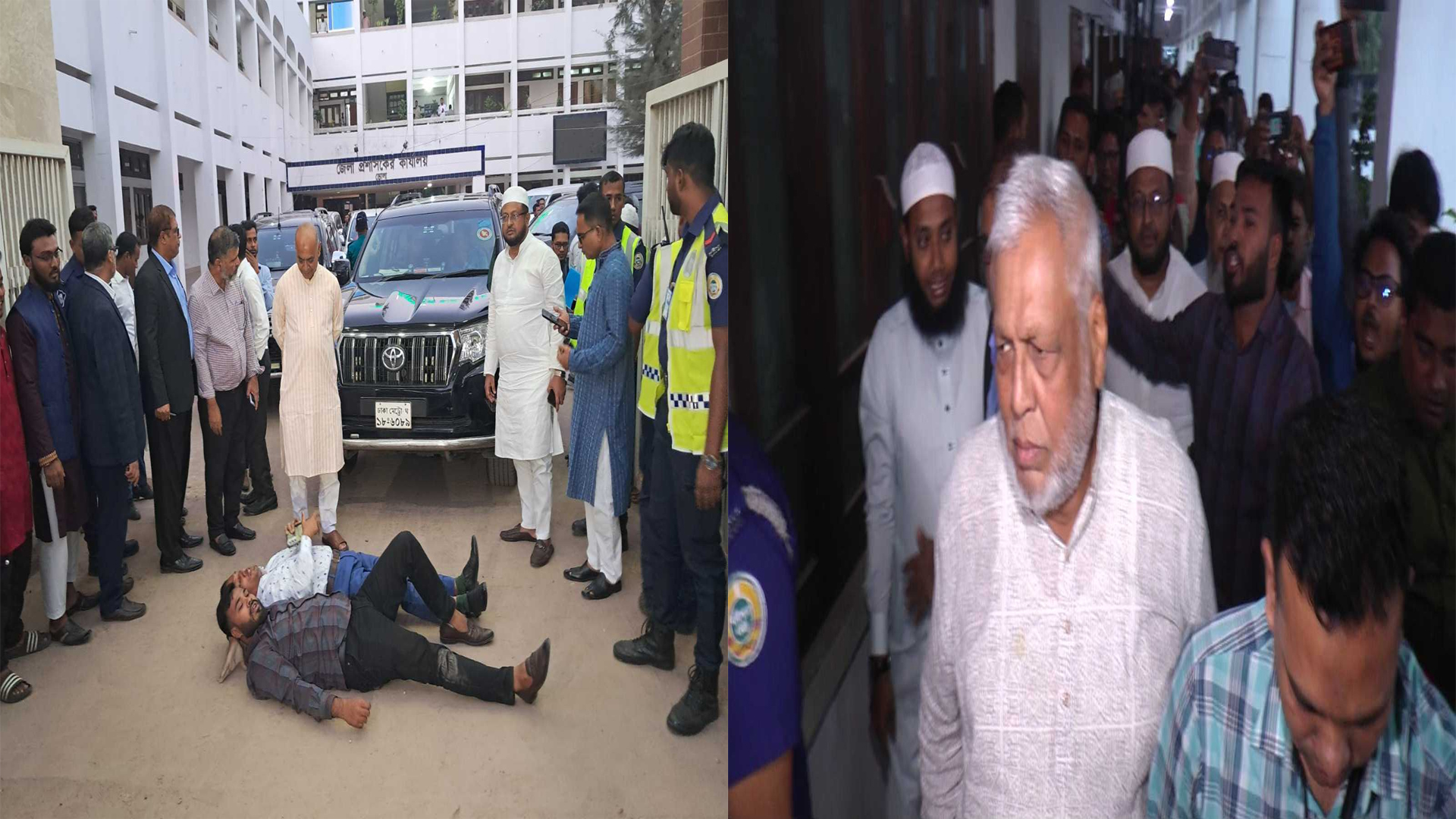 ভোলায় গাড়ির সামনে শুয়ে উপদেষ্টাদের পদত্যাগ দাবিতে স্লোগান