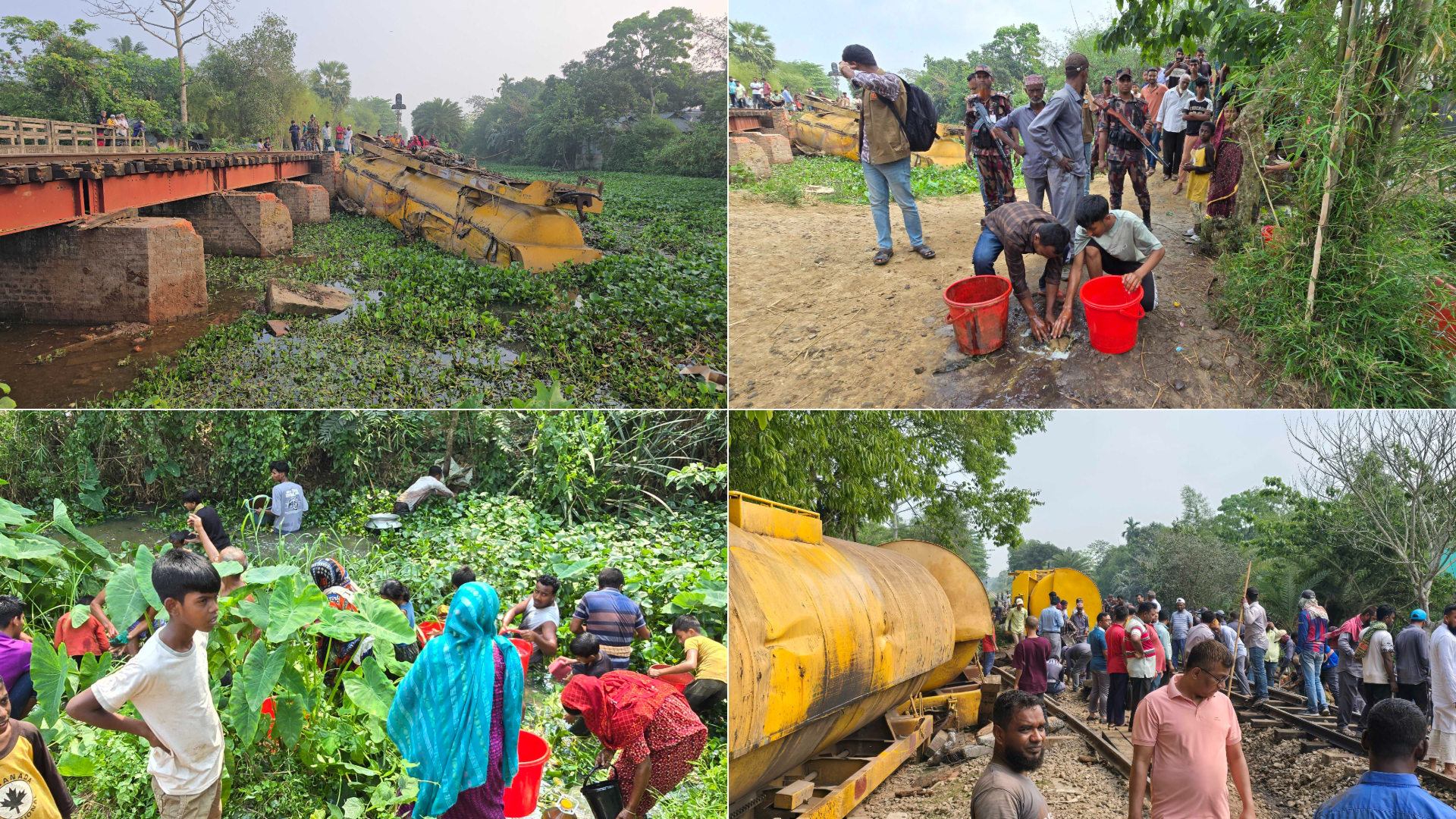 লাইনচ্যুত হয়ে অয়েল ট্যাংকারের বগি খালে, তেল সংগ্রহ করছেন স্থানীয়রা