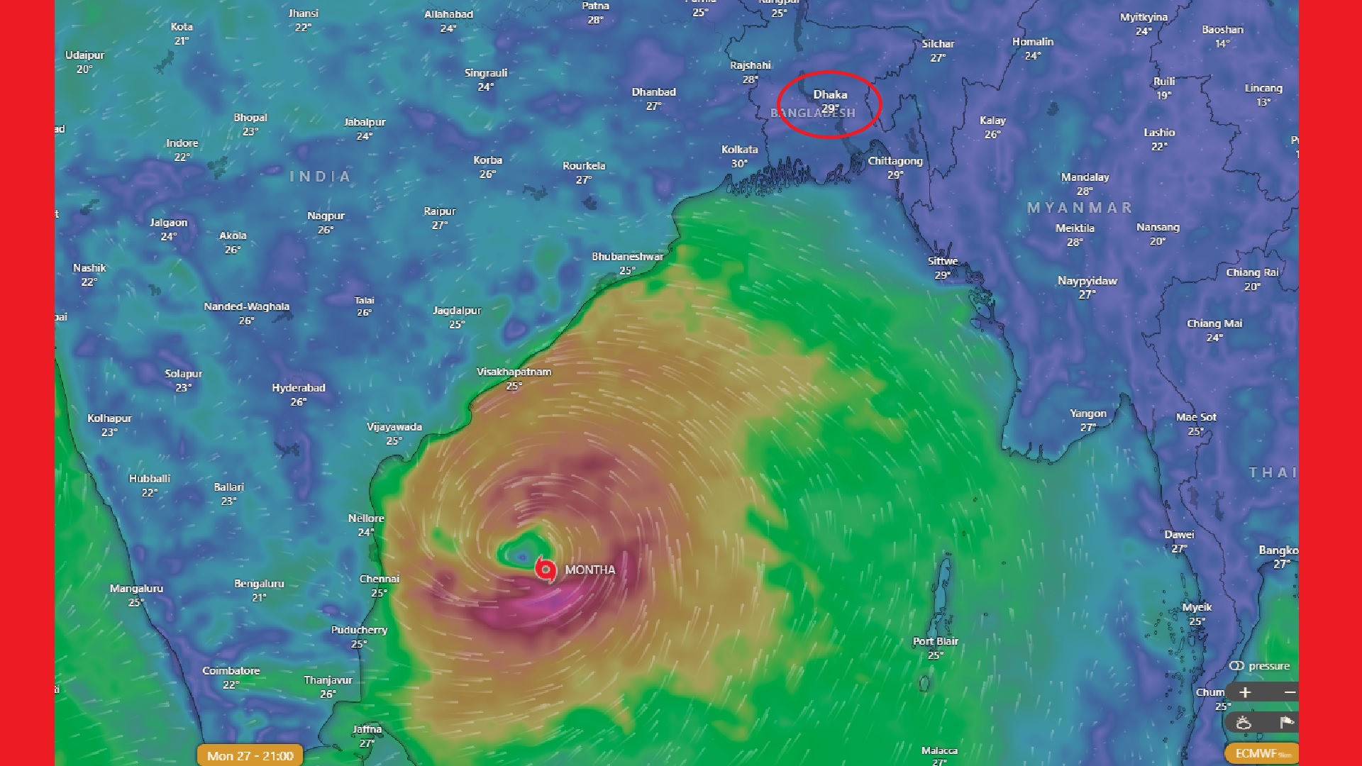 দেশের উপকূল থেকে কত দূরে ঘূর্ণিঝড় মোন্থা?