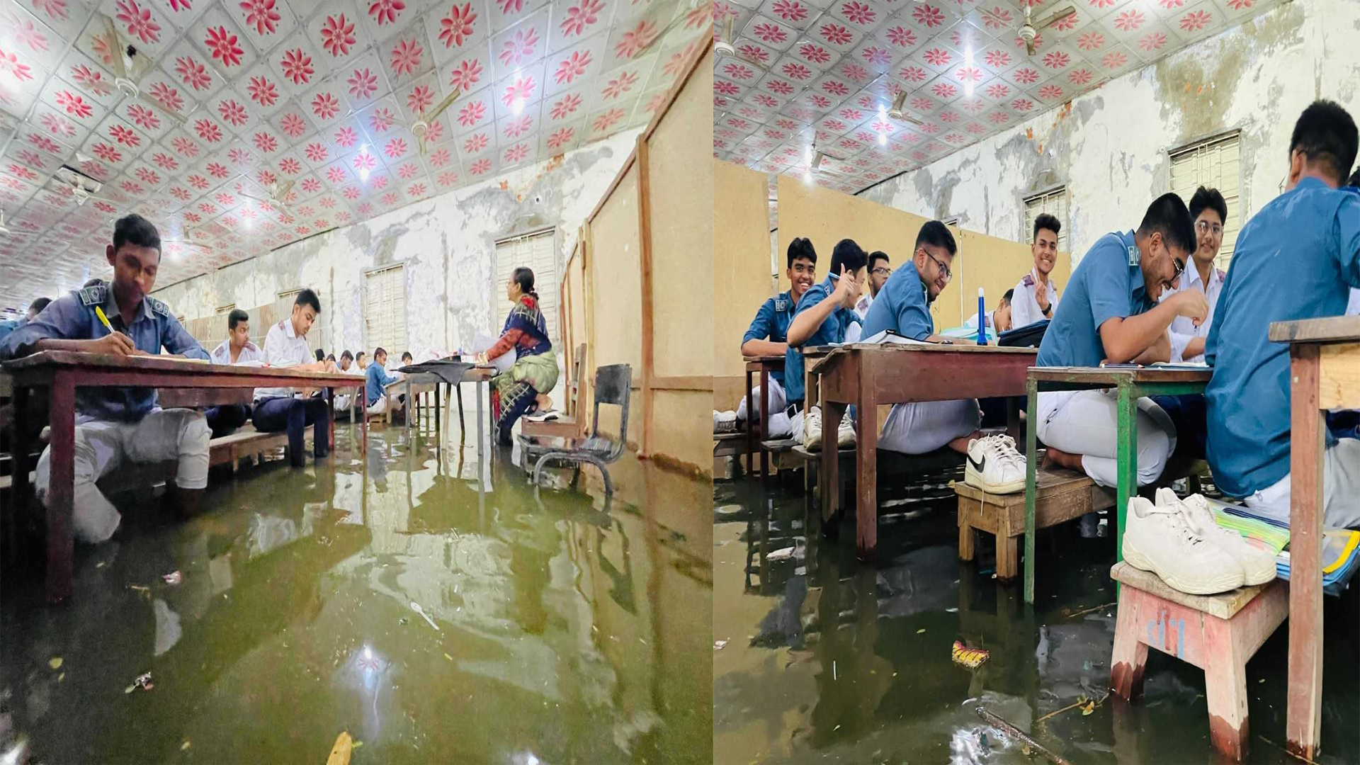 হলে পানি ঢুকে পড়ায় বেঞ্চে পা তুলে পরীক্ষা দিলো এসএসসি পরীক্ষার্থীরা