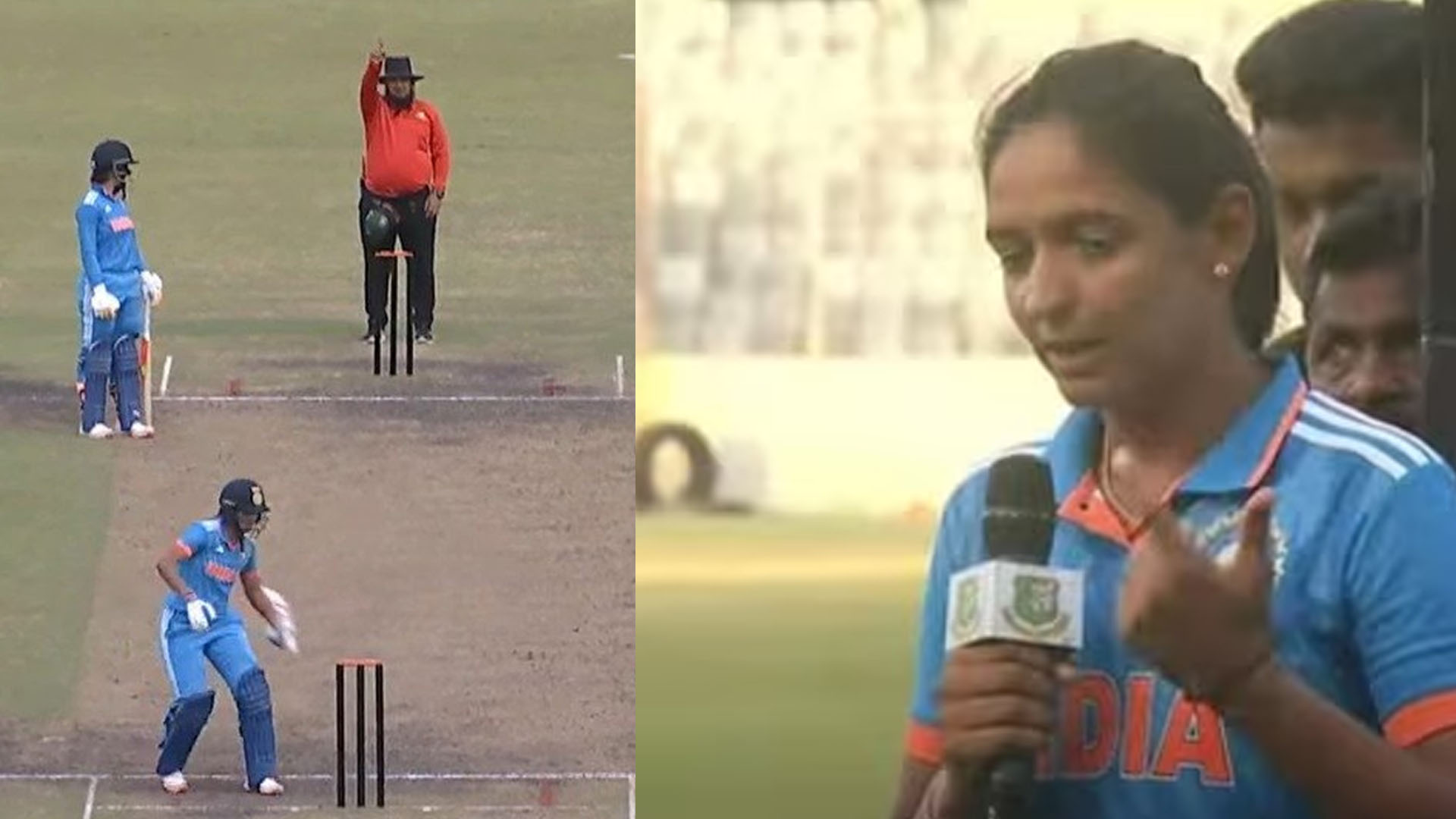 মাঠে স্টাম্প ভাঙার পর পোস্ট ম্যাচ প্রেজেন্টেশনেও আপত্তিকর মন্তব্য করেন হারমানপ্রীত। ছবি: সংগৃহীত