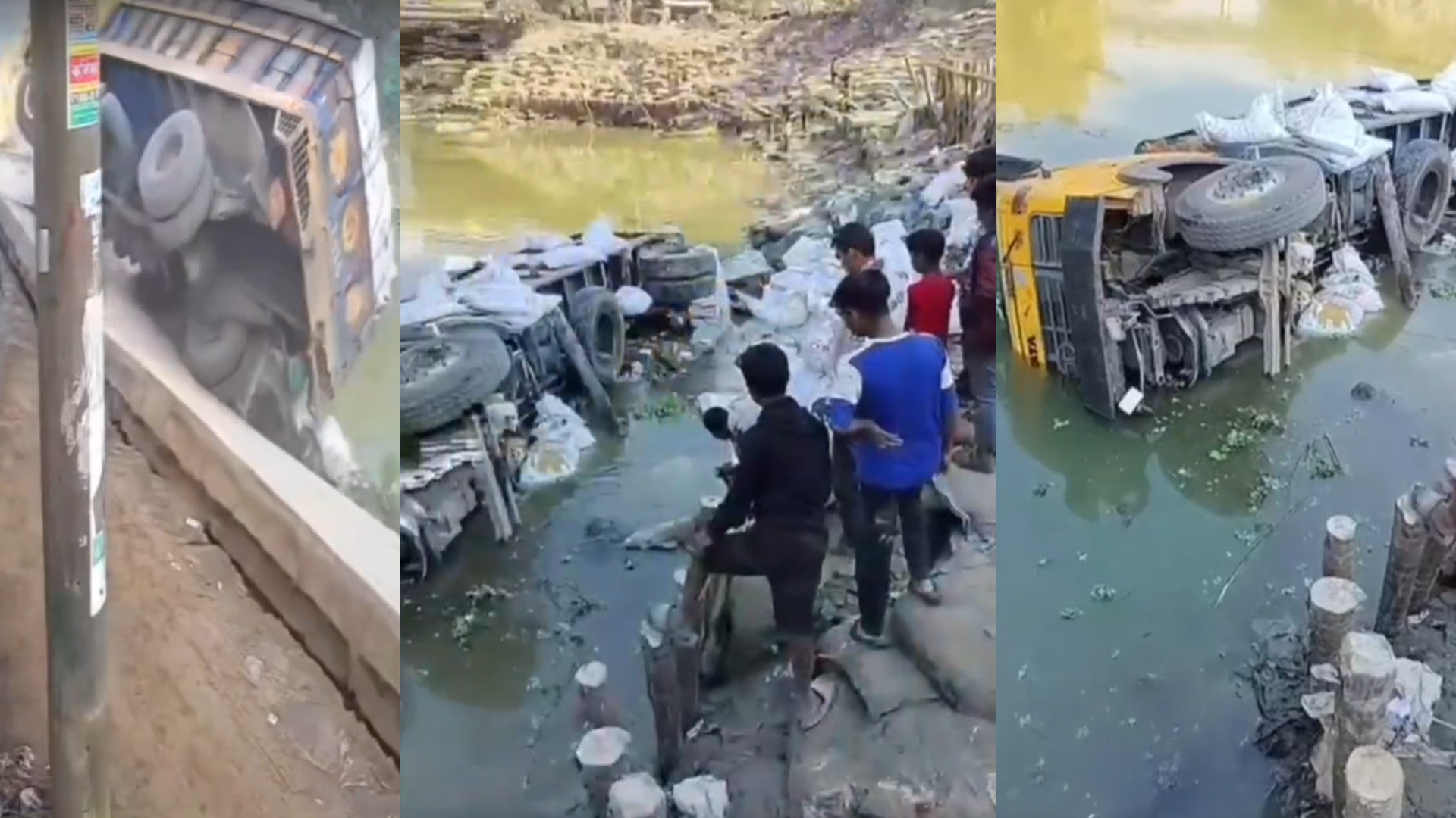 রাস্তা ভেঙে নদীতে উল্টে গেল ট্রাক, ভিডিও ভাইরাল