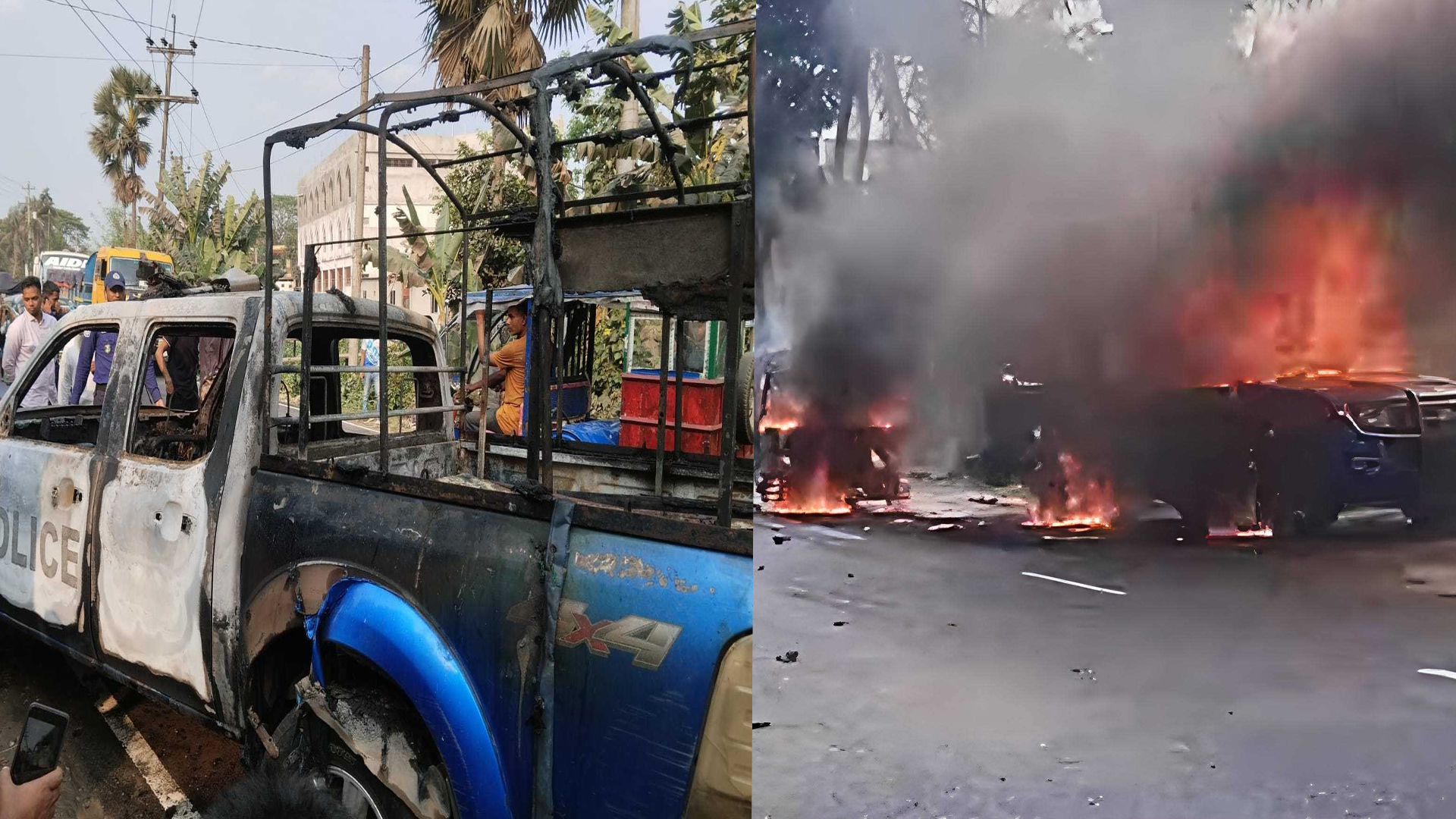 জেলা পরিষদের সামনে আগুনে পুড়ল পুলিশের গাড়ি!